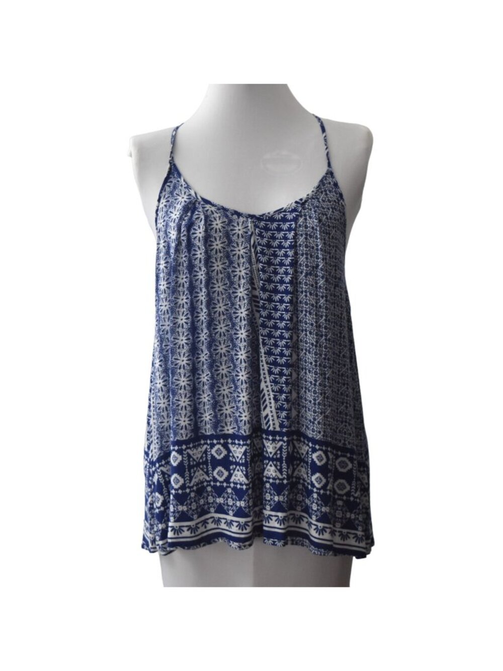 Green Dragon Boho Blue White Rayon Tank Top Womens Small Spaghetti Strap Tie